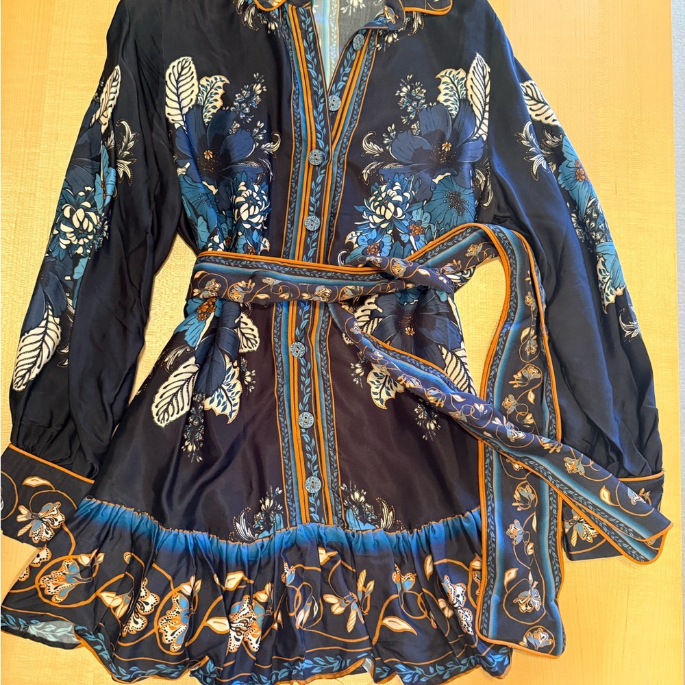 FARM Rio Black Floral Tie-Waist Mini Dress with Blue and Brown Accents NWT - Picture 3 of 4